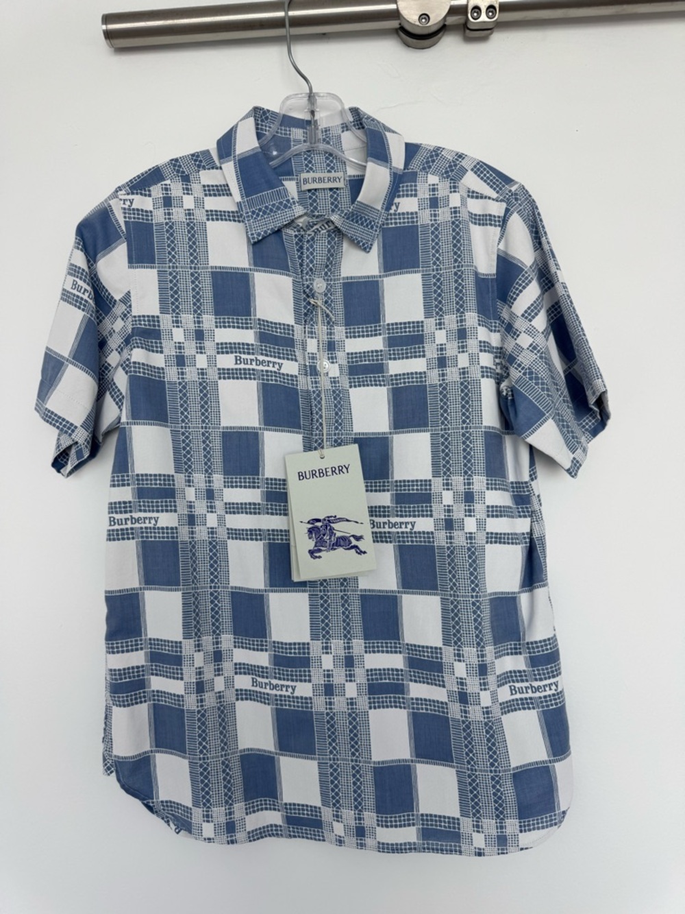 Burberry Blue and White Plaid Short Sleeve Button-Down Shirt